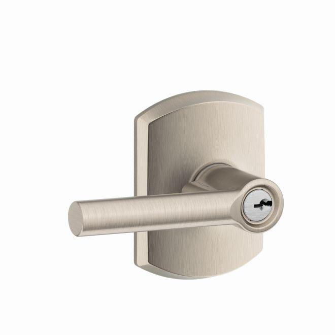 Schlage Broadway Lever With Greenwich Rosette Keyed Entry Lock in Satin Nickel finish