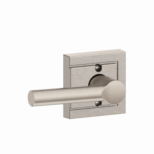 Schlage Broadway Lever With Upland Rosette Half Dummy in Satin Nickel finish