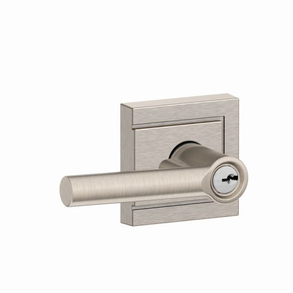 Schlage Broadway Lever With Upland Rosette Keyed Entry Lock in Satin Nickel finish