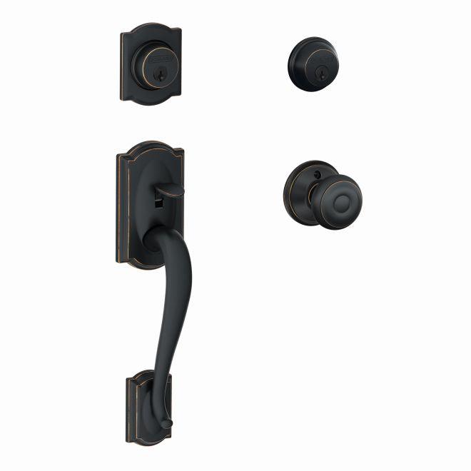 Schlage Camelot Double Cylinder Handleset With Georgian Knob in Aged Bronze finish