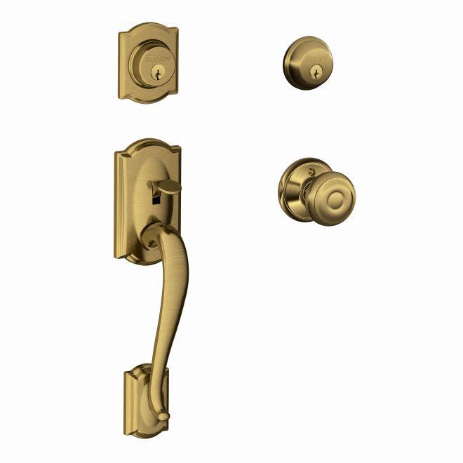 Schlage Camelot Double Cylinder Handleset With Georgian Knob in Antique Brass finish