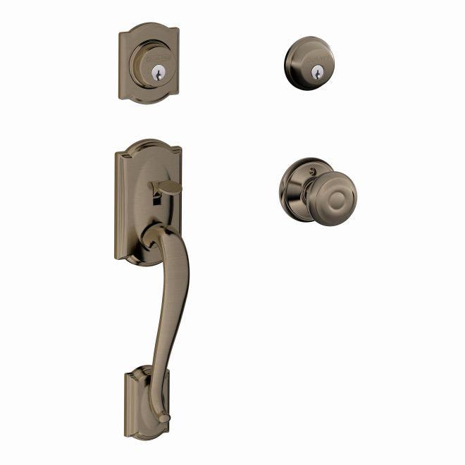 Schlage Camelot Double Cylinder Handleset With Georgian Knob in Antique Pewter finish