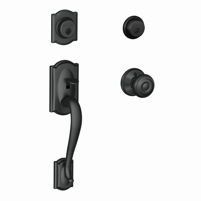 Schlage Camelot Double Cylinder Handleset With Georgian Knob in Flat Black finish