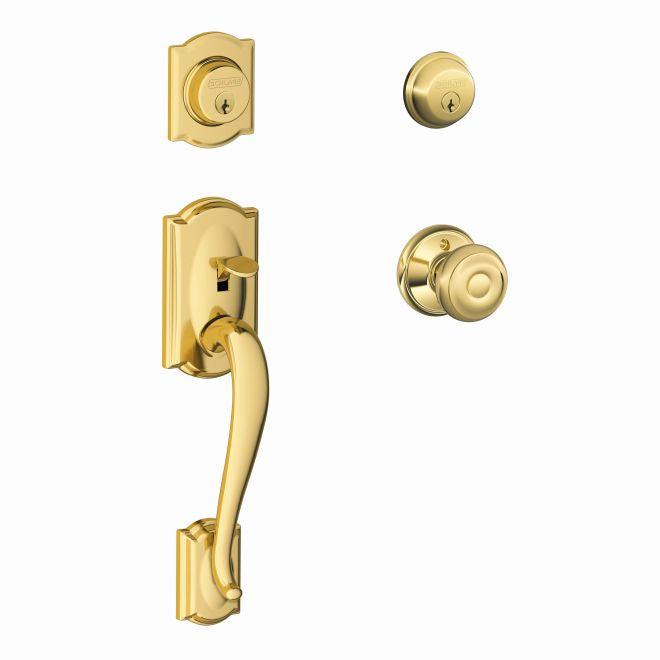 Schlage Camelot Double Cylinder Handleset With Georgian Knob in Lifetime Brass finish