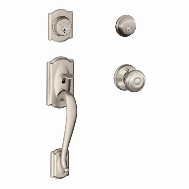 Schlage Camelot Double Cylinder Handleset With Georgian Knob in Satin Nickel finish