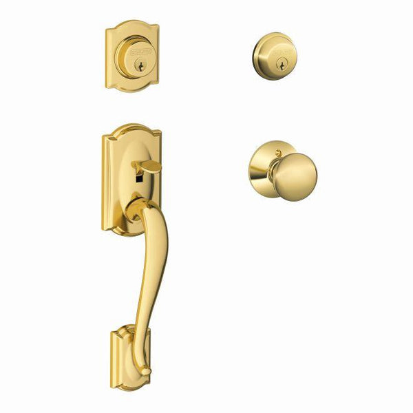 Schlage Camelot Double Cylinder Handleset With Plymouth Knob in Lifetime Brass finish