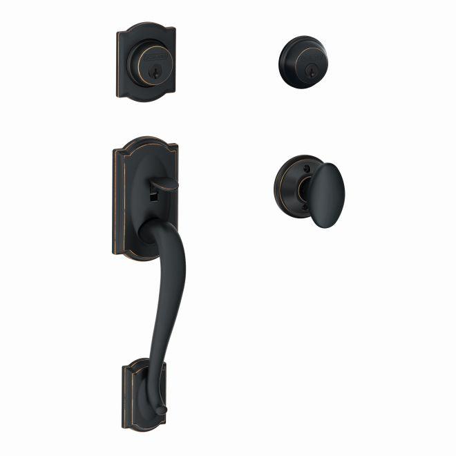 Schlage Camelot Double Cylinder Handleset With Siena Knob in Aged Bronze finish