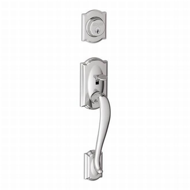 Schlage Camelot Dummy Exterior Handleset Only - Interior Trim Sold Separately in Bright Chrome finish