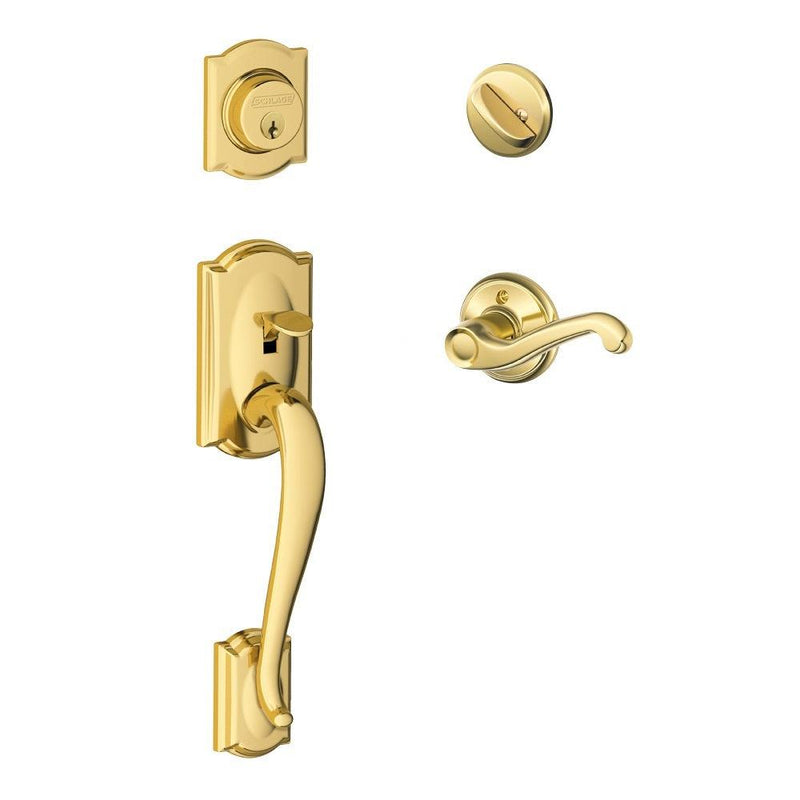 Schlage Camelot Single Cylinder Handleset with Flair Lever in Lifetime Brass finish