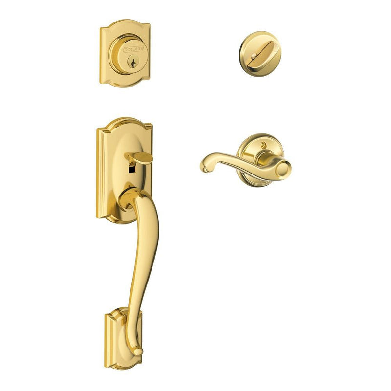 Schlage Camelot Single Cylinder Handleset with Flair Lever in Lifetime Brass finish