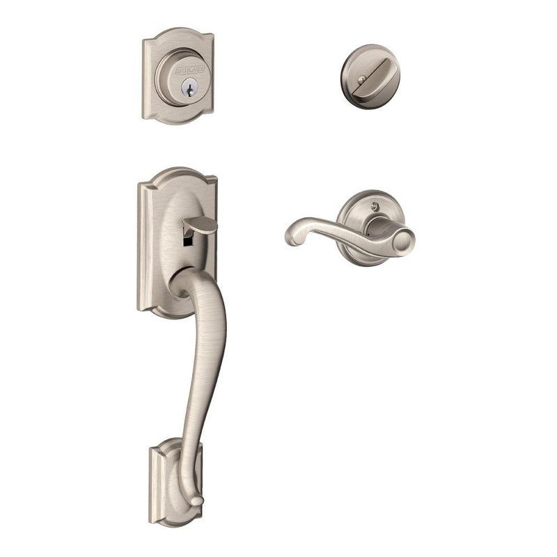 Schlage Camelot Single Cylinder Handleset with Flair Lever in Satin Nickel finish