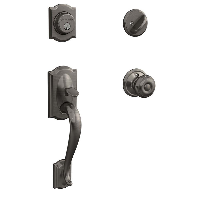 Schlage Camelot Single Cylinder Handleset with Georgian Knob in Antique Pewter finish