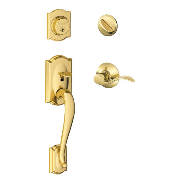 Schlage Camelot Single Cylinder Handleset with Left Handed Accent Lever in Lifetime Brass finish