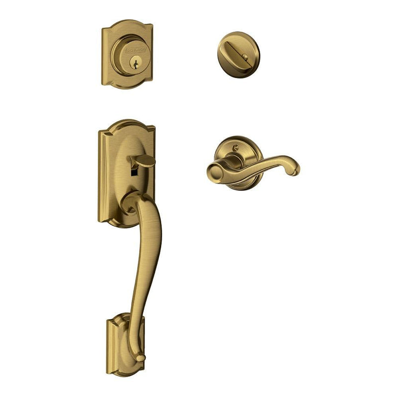 Schlage Camelot Single Cylinder Handleset with Left Handed Flair Lever in Antique Brass finish