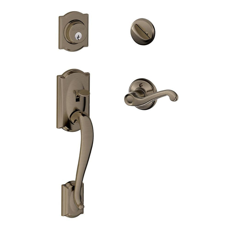 Schlage Camelot Single Cylinder Handleset with Left Handed Flair Lever in Antique Pewter finish