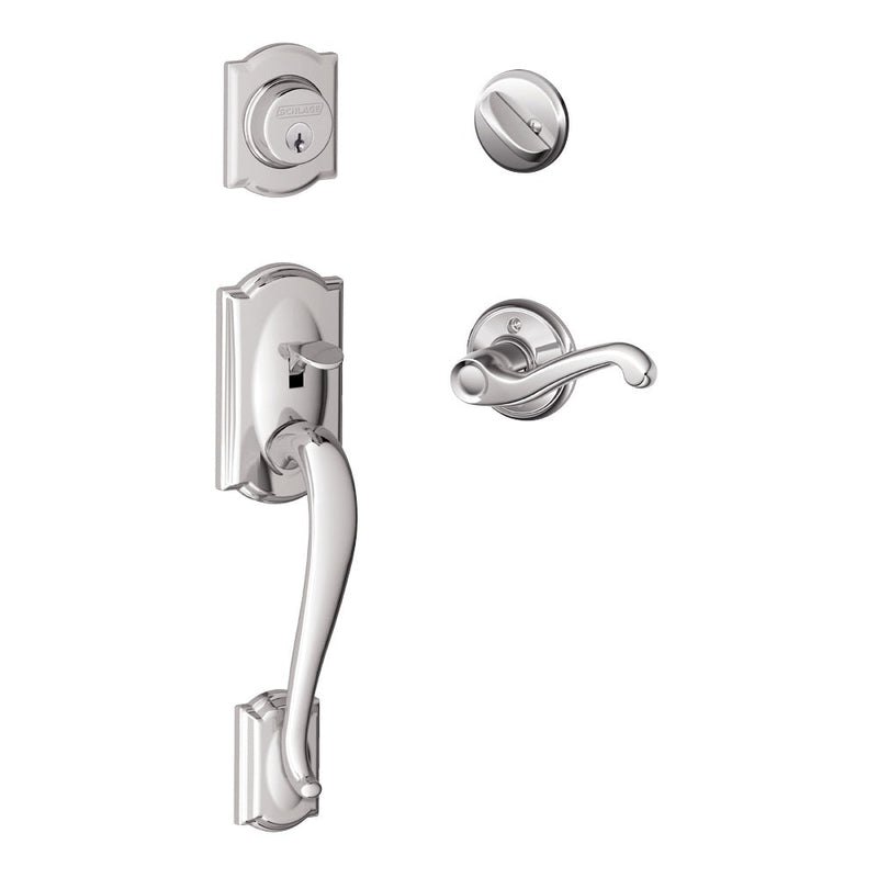 Schlage Camelot Single Cylinder Handleset with Left Handed Flair Lever in Bright Chrome finish
