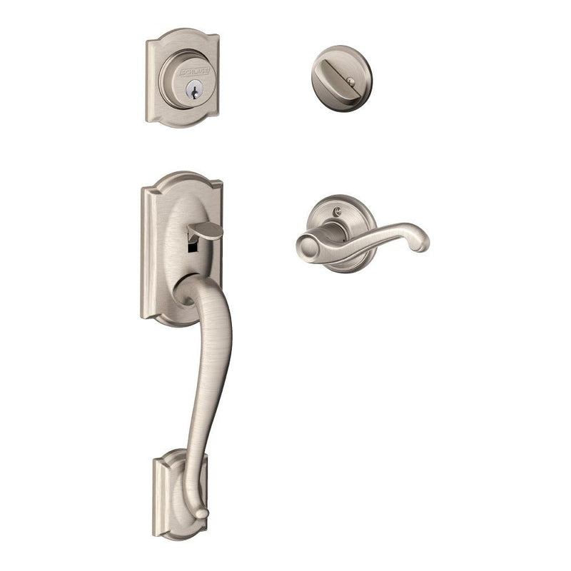 Schlage Camelot Single Cylinder Handleset with Left Handed Flair Lever in Satin Nickel finish