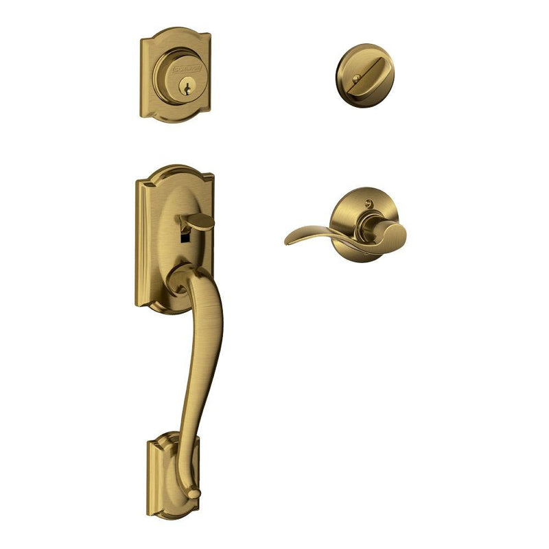 Schlage Camelot Single Cylinder Handleset with Right Handed Accent Lever in Antique Brass finish