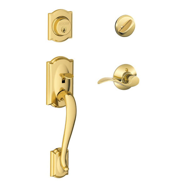 Schlage Camelot Single Cylinder Handleset with Right Handed Accent Lever in Lifetime Brass finish