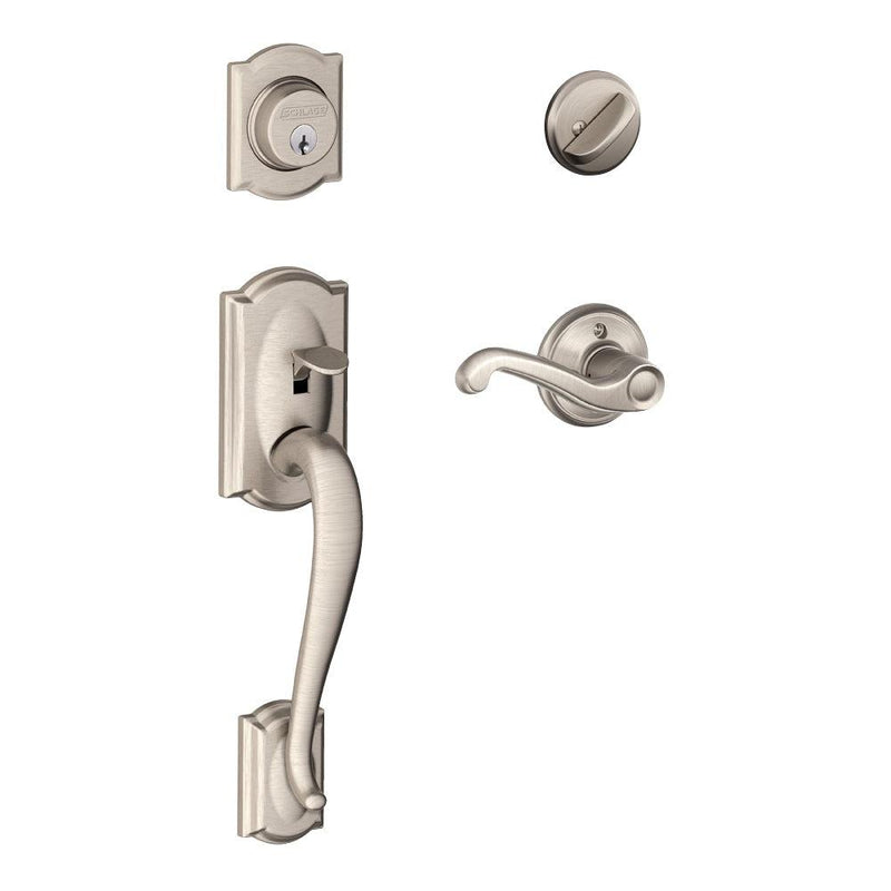 Schlage Camelot Single Cylinder Handleset with Right Handed Flair Lever in Satin Nickel finish