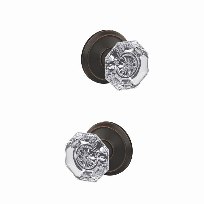 Schlage Custom Alexandria Glass Knob With Alden Rosette Non Turning Double Dummy Pair in Aged Bronze finish