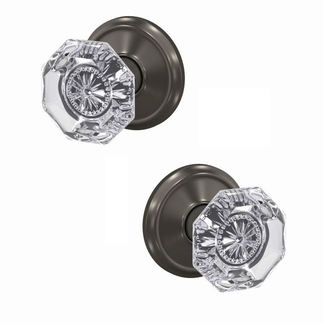 Schlage Custom Alexandria Glass Knob With Alden Rosette Non Turning Double Dummy Pair in Black Stainless finish