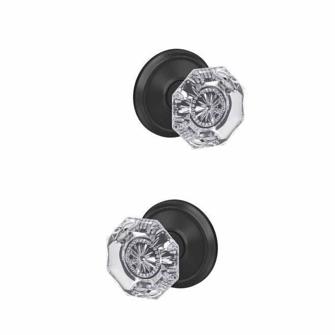 Schlage Custom Alexandria Glass Knob With Alden Rosette Non Turning Double Dummy Pair in Flat Black finish