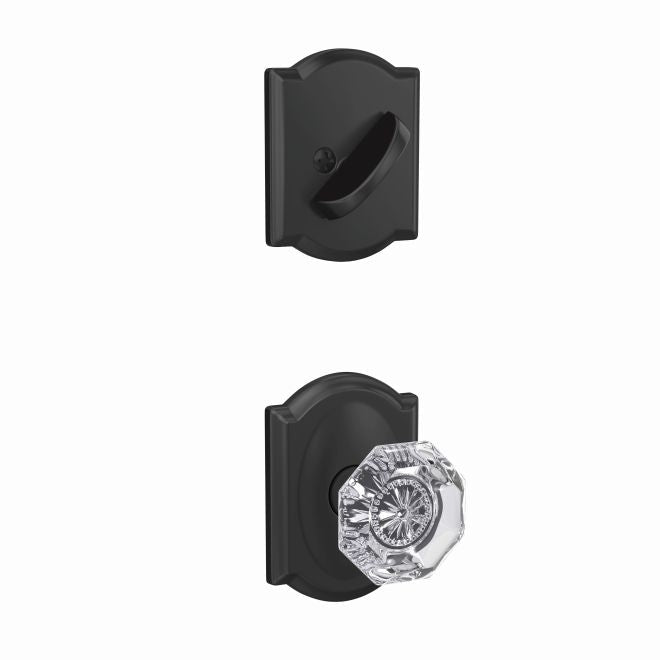 Schlage Custom Alexandria Glass Knob With Camelot Rosette Interior Active Trim - Exterior Handleset Sold Separately in Flat Black finish