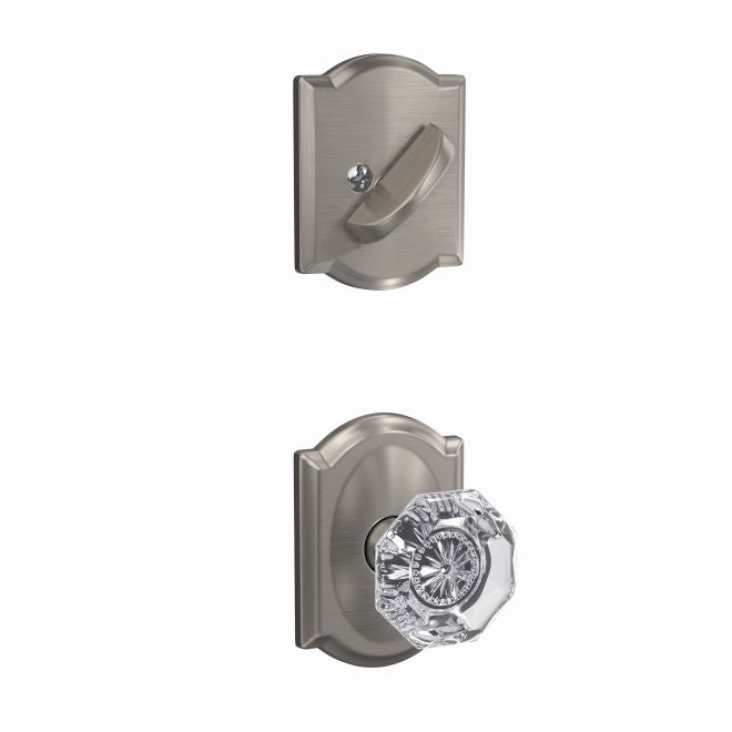 Schlage Custom Alexandria Glass Knob With Camelot Rosette Interior Active Trim - Exterior Handleset Sold Separately in Satin Nickel finish