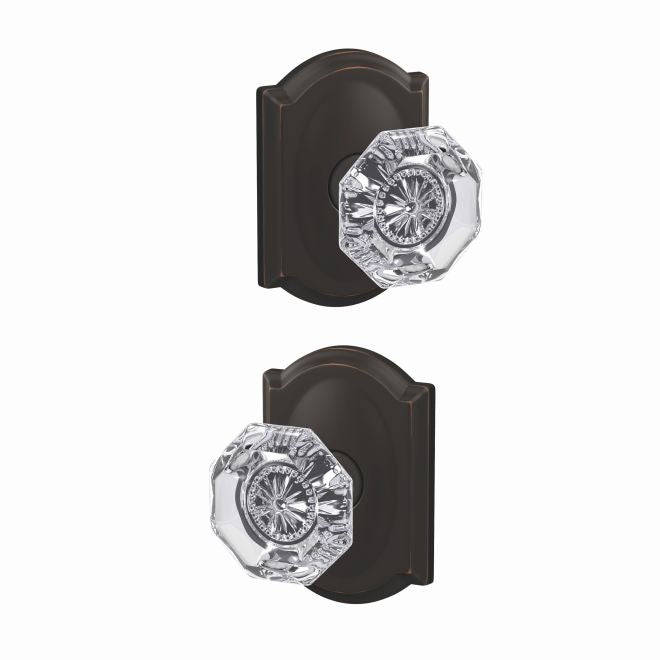 Schlage Custom Alexandria Glass Knob With Camelot Rosette Non Turning Double Dummy Pair in Aged Bronze finish