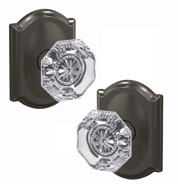 Schlage Custom Alexandria Glass Knob With Camelot Rosette Non Turning Double Dummy Pair in Black Stainless finish