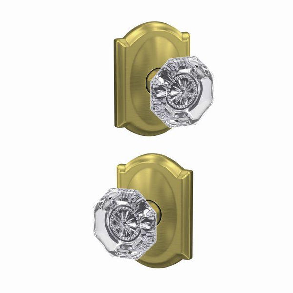 Schlage Custom Alexandria Glass Knob With Camelot Rosette Non Turning Double Dummy Pair in Satin Brass finish