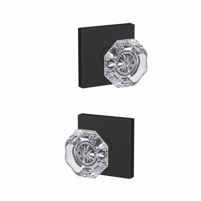 Schlage Custom Alexandria Glass Knob With Collins Rosette Non Turning Double Dummy Pair in Flat Black finish