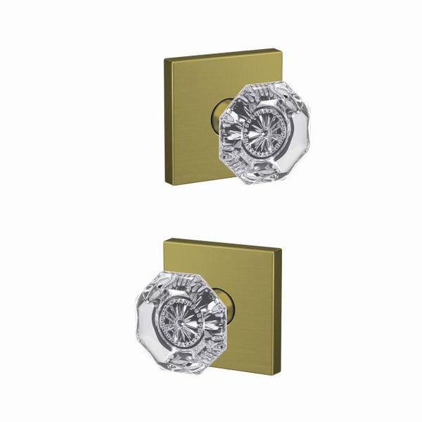 Schlage Custom Alexandria Glass Knob With Collins Rosette Non Turning Double Dummy Pair in Satin Brass finish