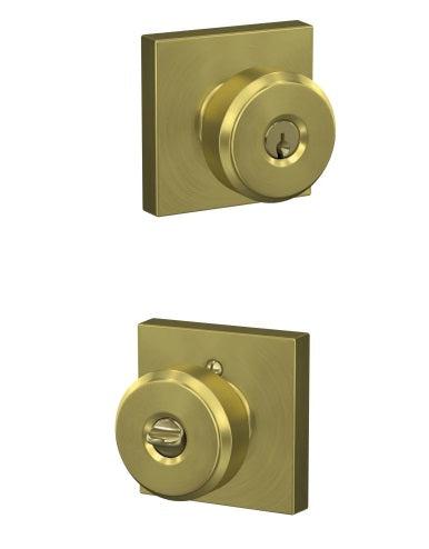 Schlage Custom Bowery Knob With Collins Rosette Keyed Entry in Satin Brass finish