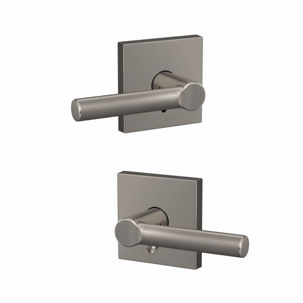 Schlage Custom Broadway Passage and Privacy Lever With Collins Rosette in Satin Nickel finish