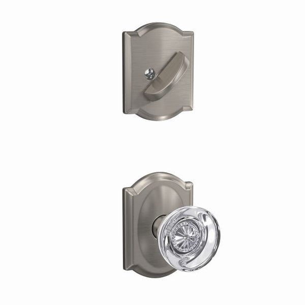 Schlage Custom Hobson Knob With Camelot Rosette Interior Active Trim - Exterior Handleset Sold Separately in Satin Nickel finish