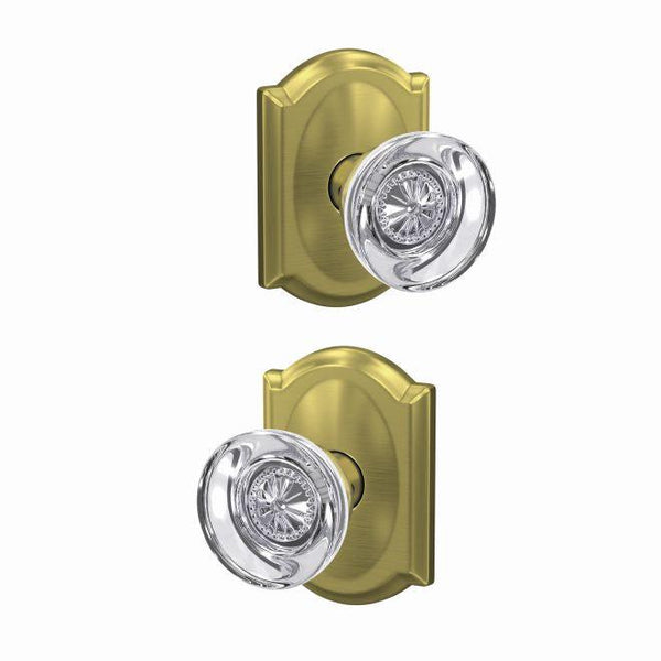 Schlage Custom Hobson Knob With Camelot Rosette Non Turning Double Dummy Pair in Satin Brass finish