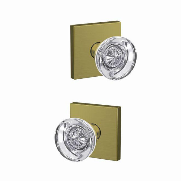 Schlage Custom Hobson Passage and Privacy Knob With Collins Rosette in Satin Brass finish