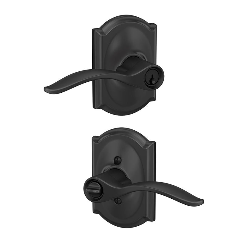 Schlage Custom Keyed Entry Pennant Lever with Camelot Rosette in Flat Black finish