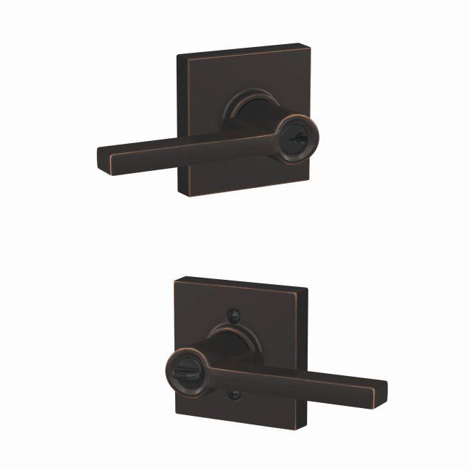 Schlage Custom Latitude Lever With Collins Rosette Keyed Entry Lock in Aged Bronze finish