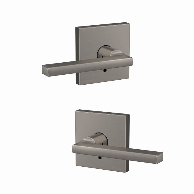 Schlage Custom Latitude Lever With Collins Rosette Non Turning Double Dummy Pair in Satin Nickel finish