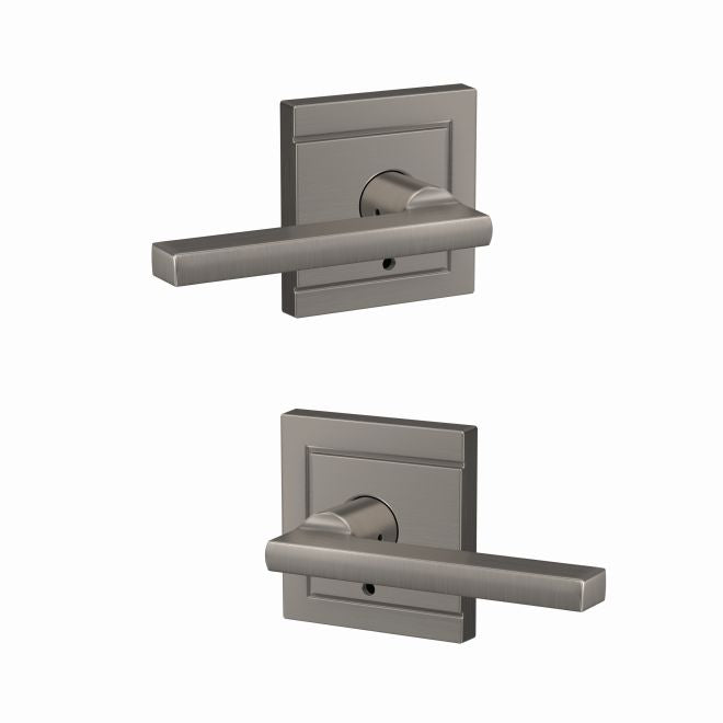 Schlage Custom Latitude Lever With Upland Rosette Non Turning Double Dummy Pair in Satin Nickel finish