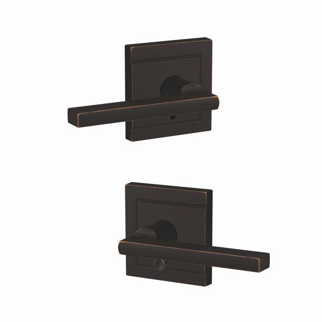 Schlage Custom Latitude Passage and Privacy Lever With Upland Rosette in Aged Bronze finish