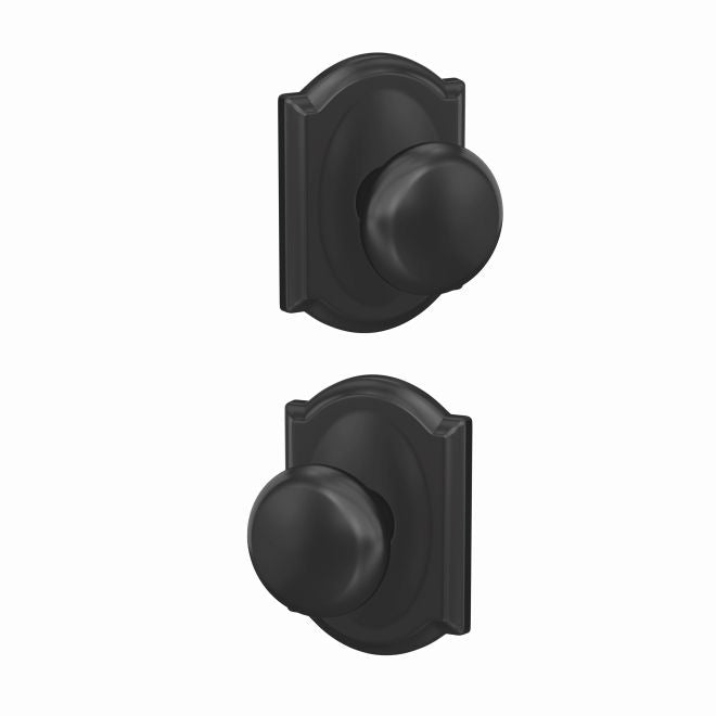 Schlage Custom Plymouth Passage and Privacy Knob With Camelot Rosette in Flat Black finish