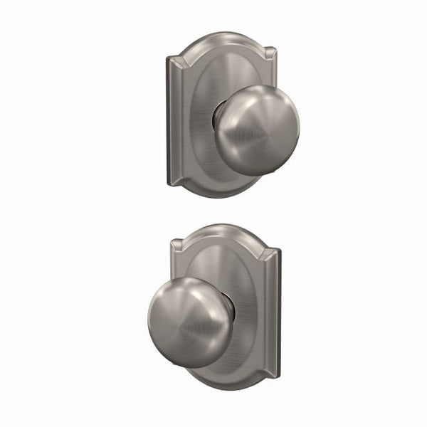Schlage Custom Plymouth Passage and Privacy Knob With Camelot Rosette in Satin Nickel finish