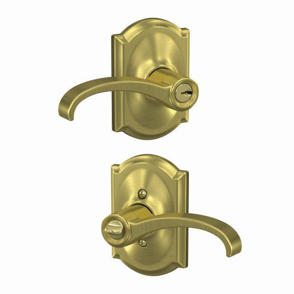 Schlage Custom Whitney Lever With Camelot Rosette Keyed Entry Lock in Satin Brass finish