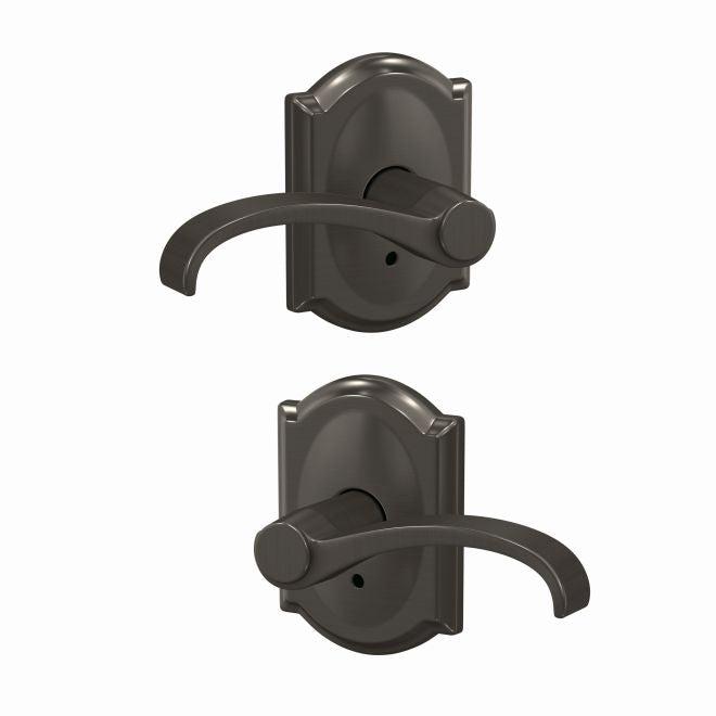 Schlage Custom Whitney Lever With Camelot Rosette Non Turning Double Dummy Pair in Black Stainless finish