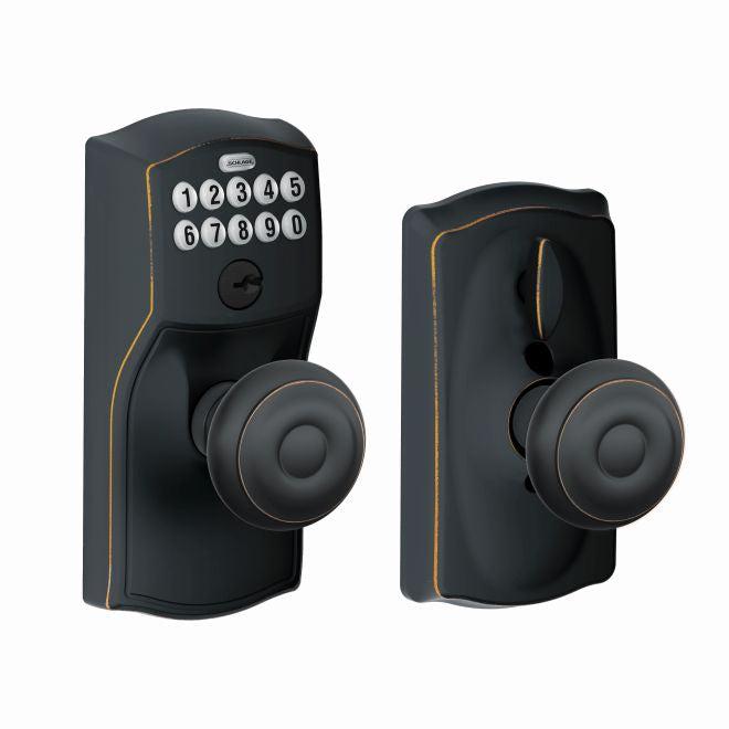 Schlage Electronic Keypad Knob with Camelot Trim and Georgian Knob With Flex Lock in Aged Bronze finish