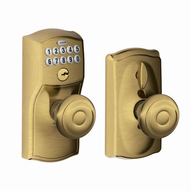 Schlage Electronic Keypad Knob with Camelot Trim and Georgian Knob With Flex Lock in Antique Brass finish